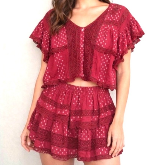 LoveShackFancy Ruffle Mini Tiered Skirt & Matching Crop Top Set - Oxblood (L)